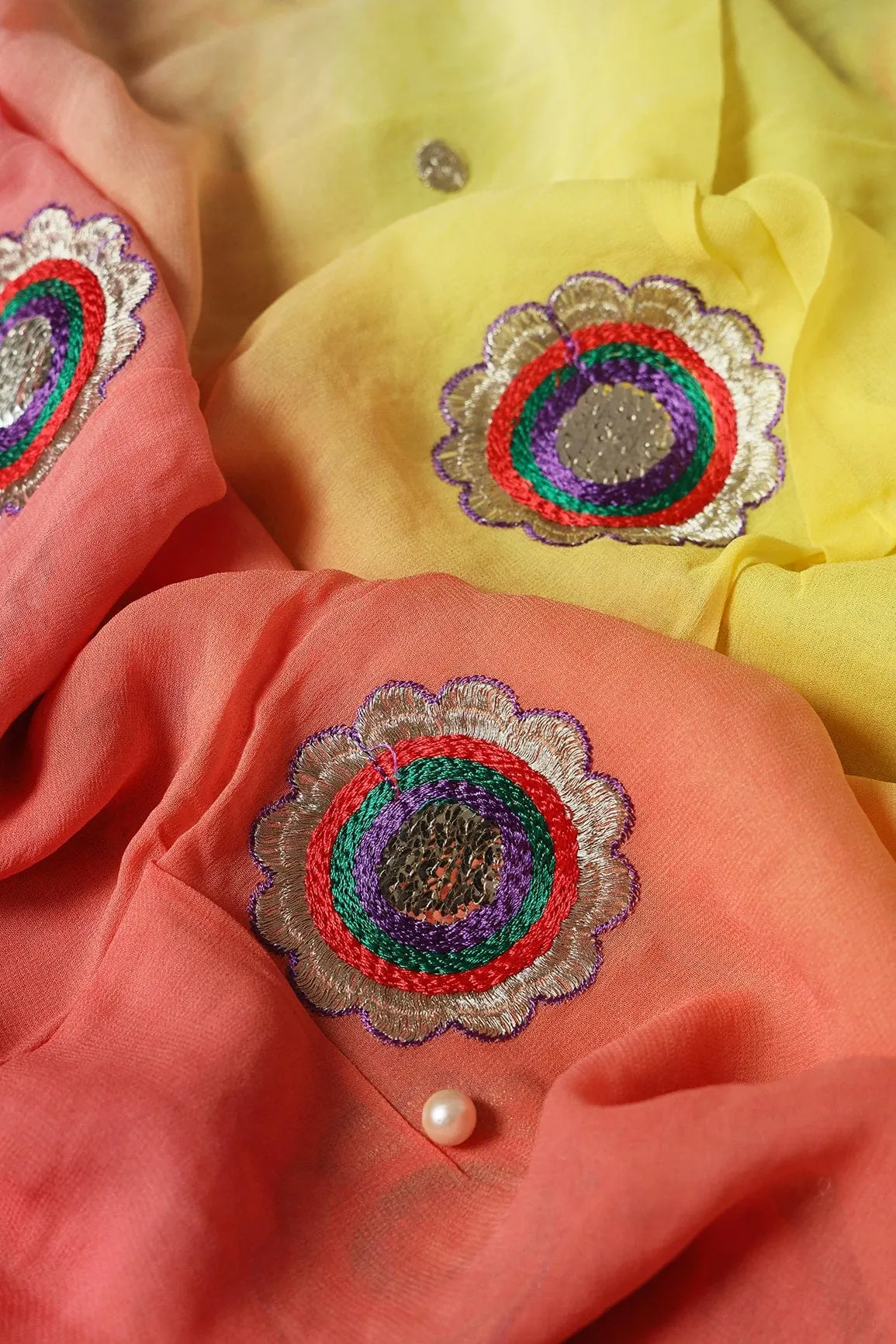 1.50 Meter Cut Piece Of Multi Thread With Gold Zari Floral Embroidery On Multi Color Viscose Georgette Fabric