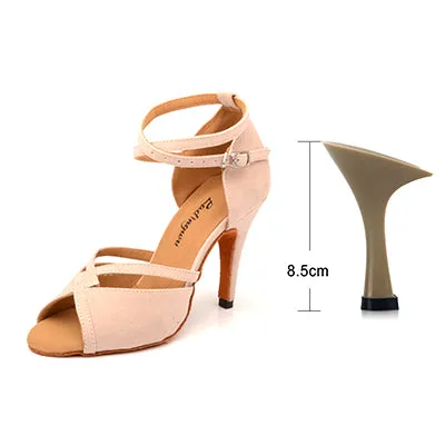 #B9911 Latin Ballroom Salsa Dance Shoes - Beige Suede Heels 6-10cm