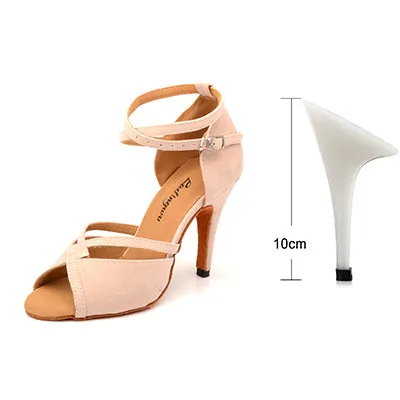 #B9911 Latin Ballroom Salsa Dance Shoes - Beige Suede Heels 6-10cm