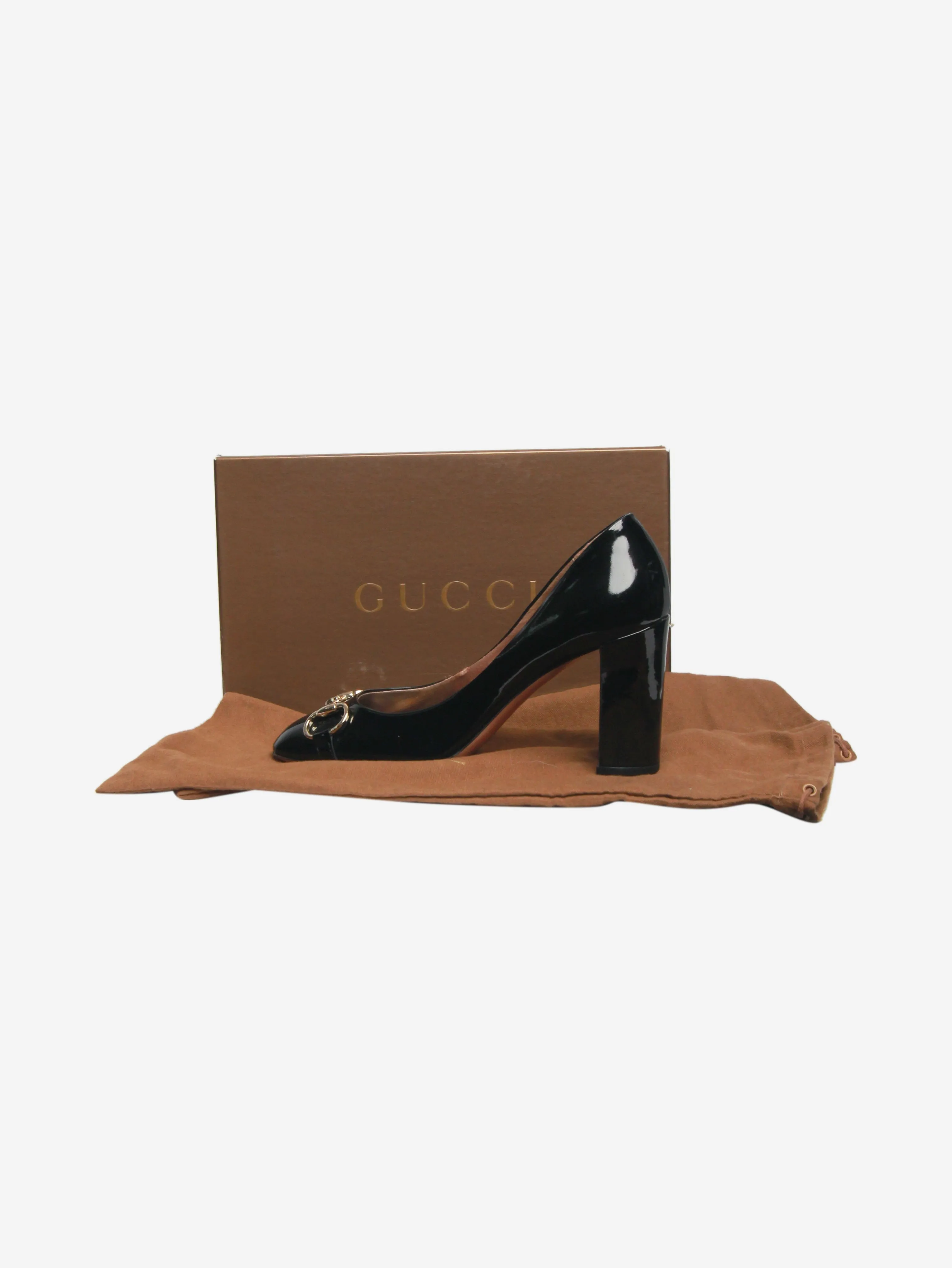 Black patent Horsebit pumps - size UK 5.5
