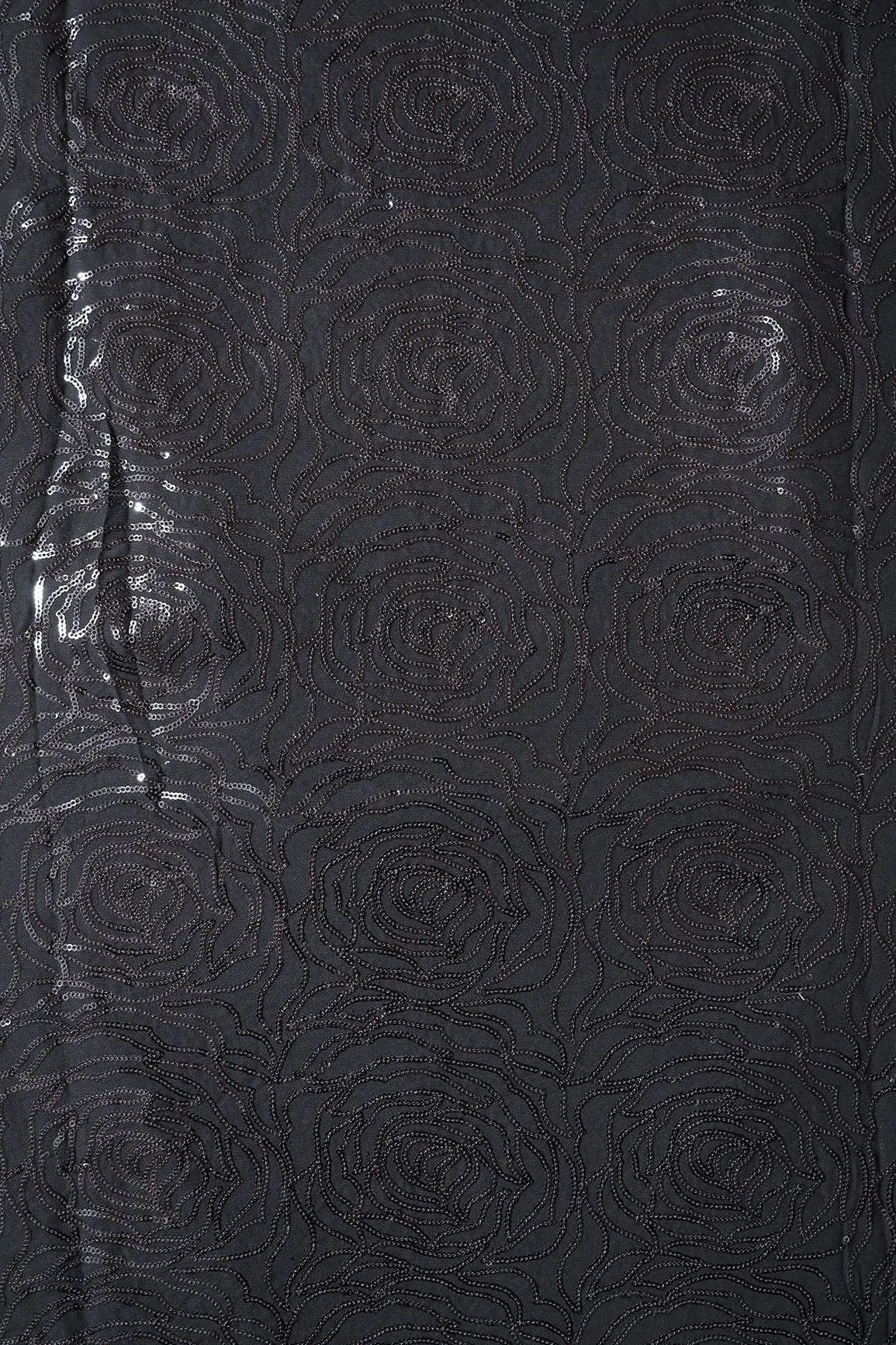 Black Sequins Floral Heavy Embroidery On Black Viscose Georgette Fabric