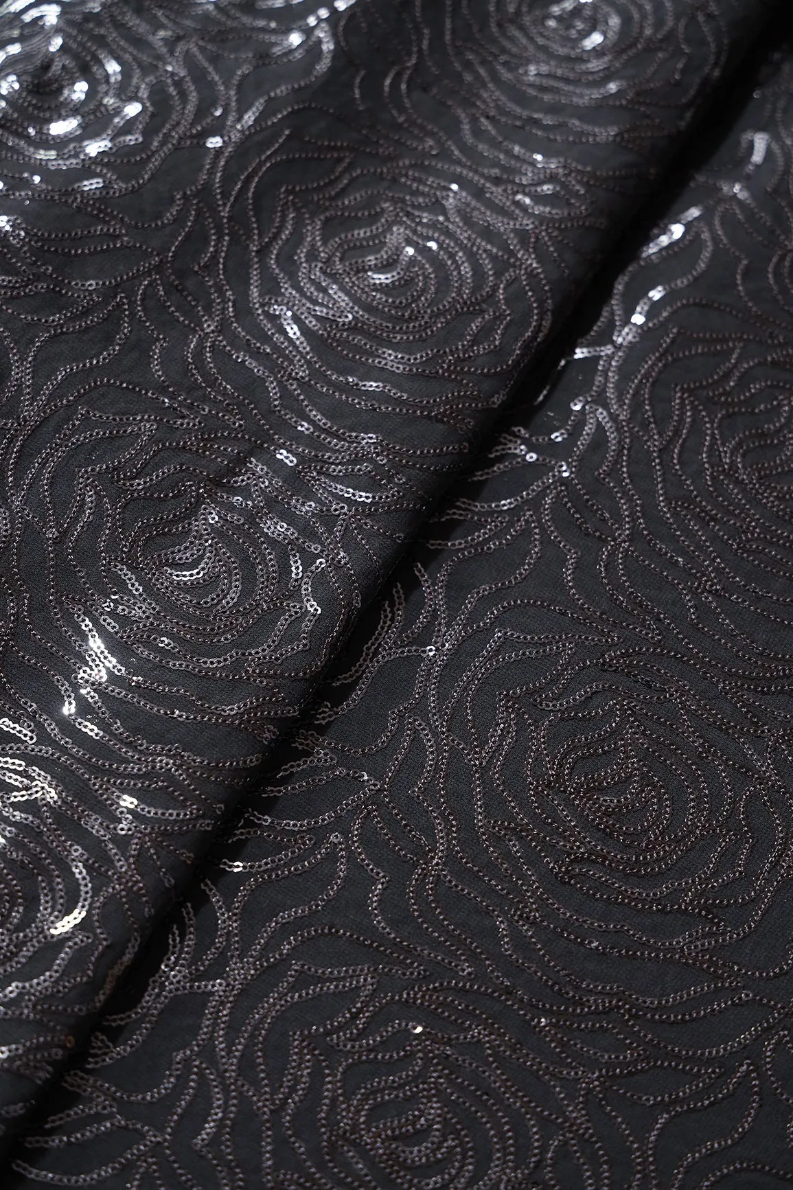 Black Sequins Floral Heavy Embroidery On Black Viscose Georgette Fabric