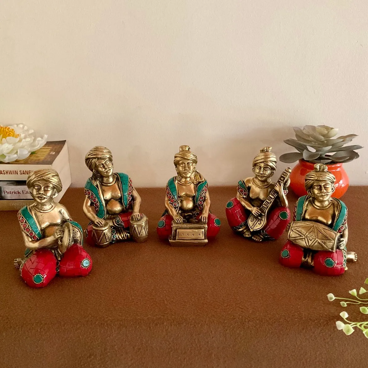 Brass Musician Decorative With Stonework(set of 5) - Table Decor