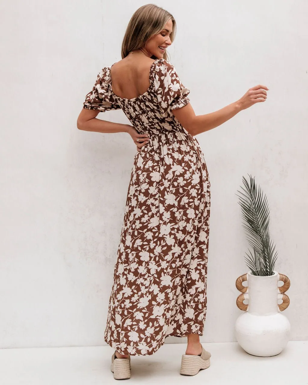 Brown Floral Print Slit Maxi Dress - FINAL SALE