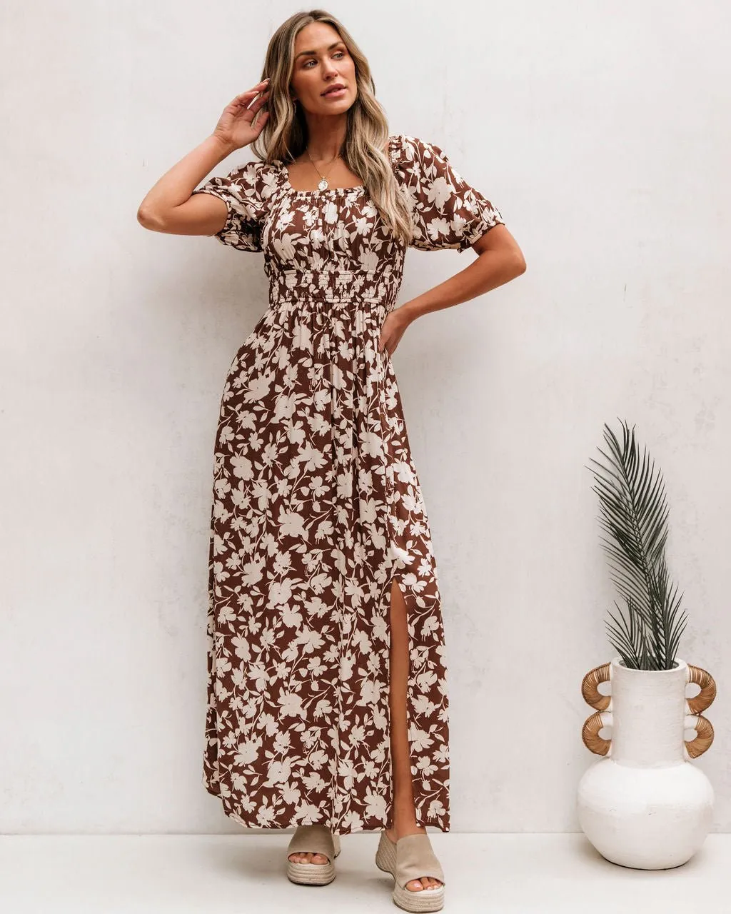 Brown Floral Print Slit Maxi Dress - FINAL SALE