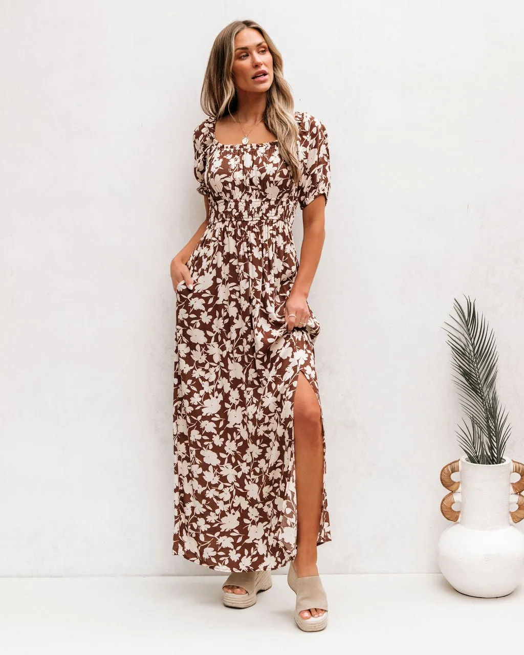 Brown Floral Print Slit Maxi Dress - FINAL SALE