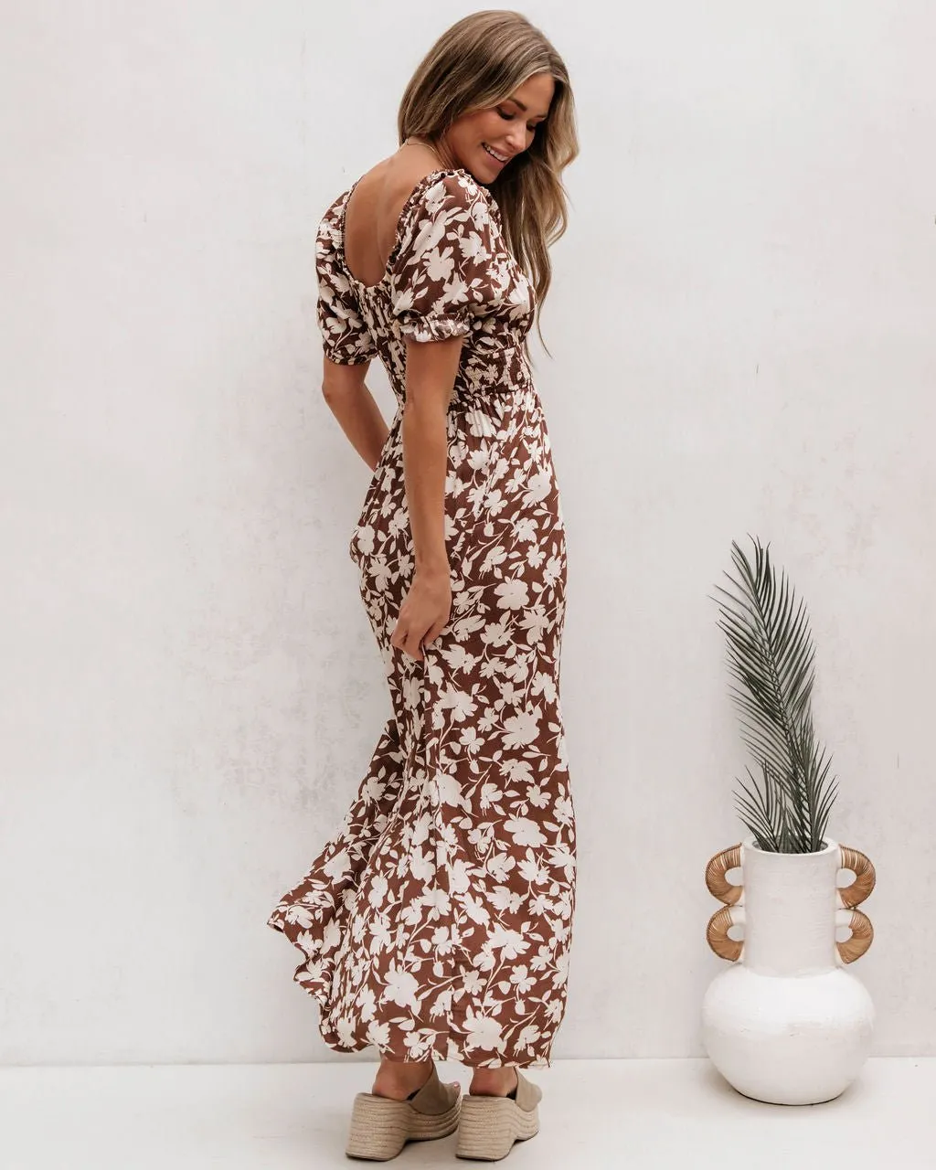 Brown Floral Print Slit Maxi Dress - FINAL SALE