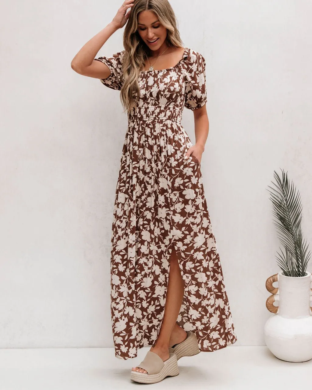 Brown Floral Print Slit Maxi Dress - FINAL SALE