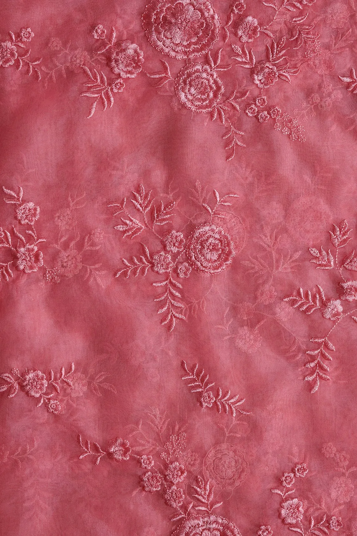 Elegant Floral Thread With Water Sequins Embroidery On Salmon Pink Organza Fabric