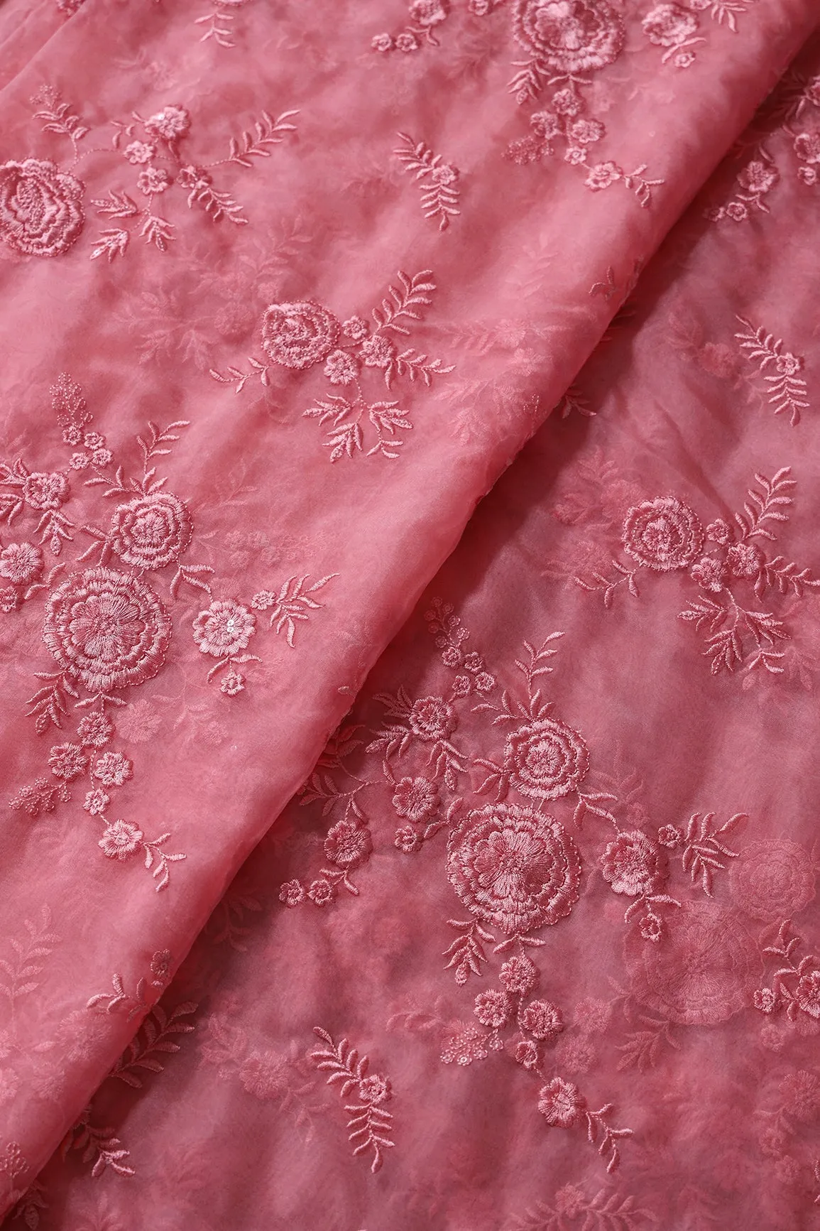 Elegant Floral Thread With Water Sequins Embroidery On Salmon Pink Organza Fabric