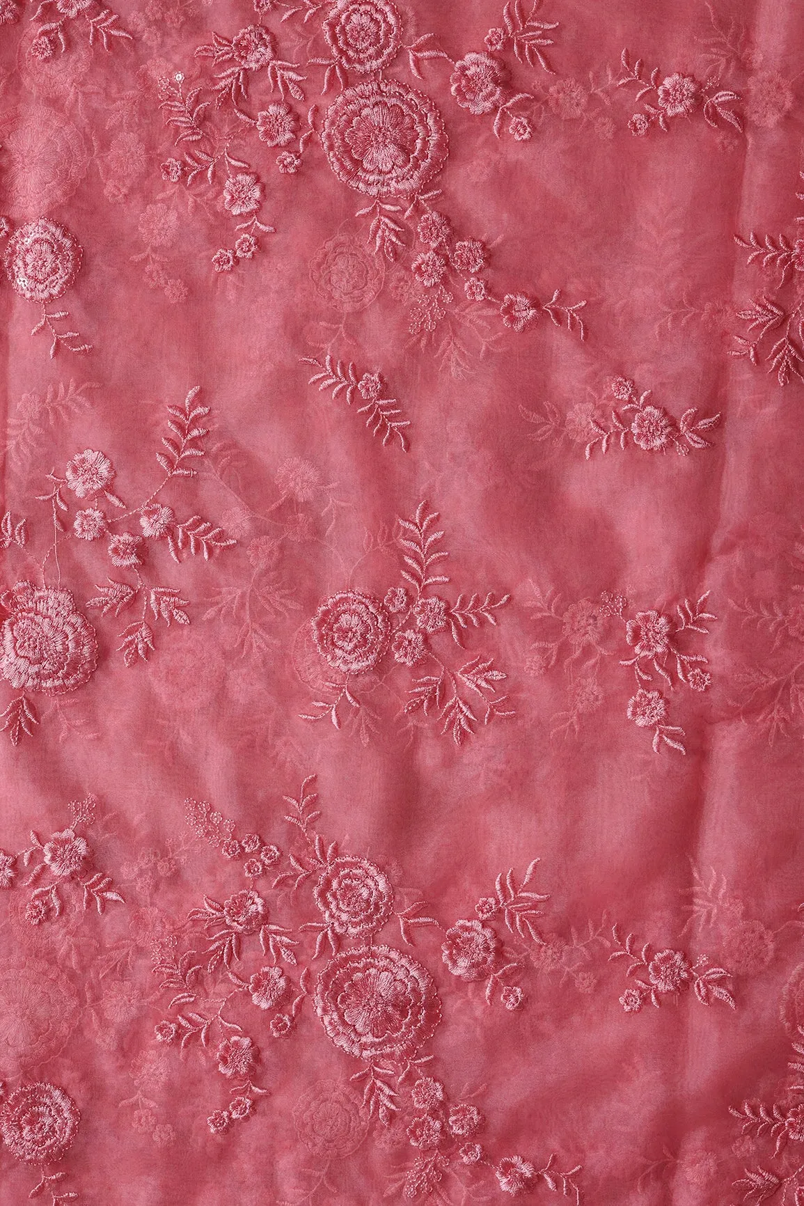 Elegant Floral Thread With Water Sequins Embroidery On Salmon Pink Organza Fabric