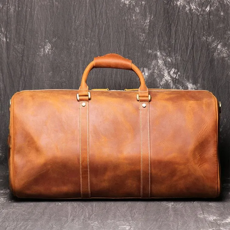 Handmade Full Grain Leather Duffle Bag | Cowhide Large Vacation Travel Bag | Travel Holdall, Lightweight Cabin Luggage, Leather Gym Bag