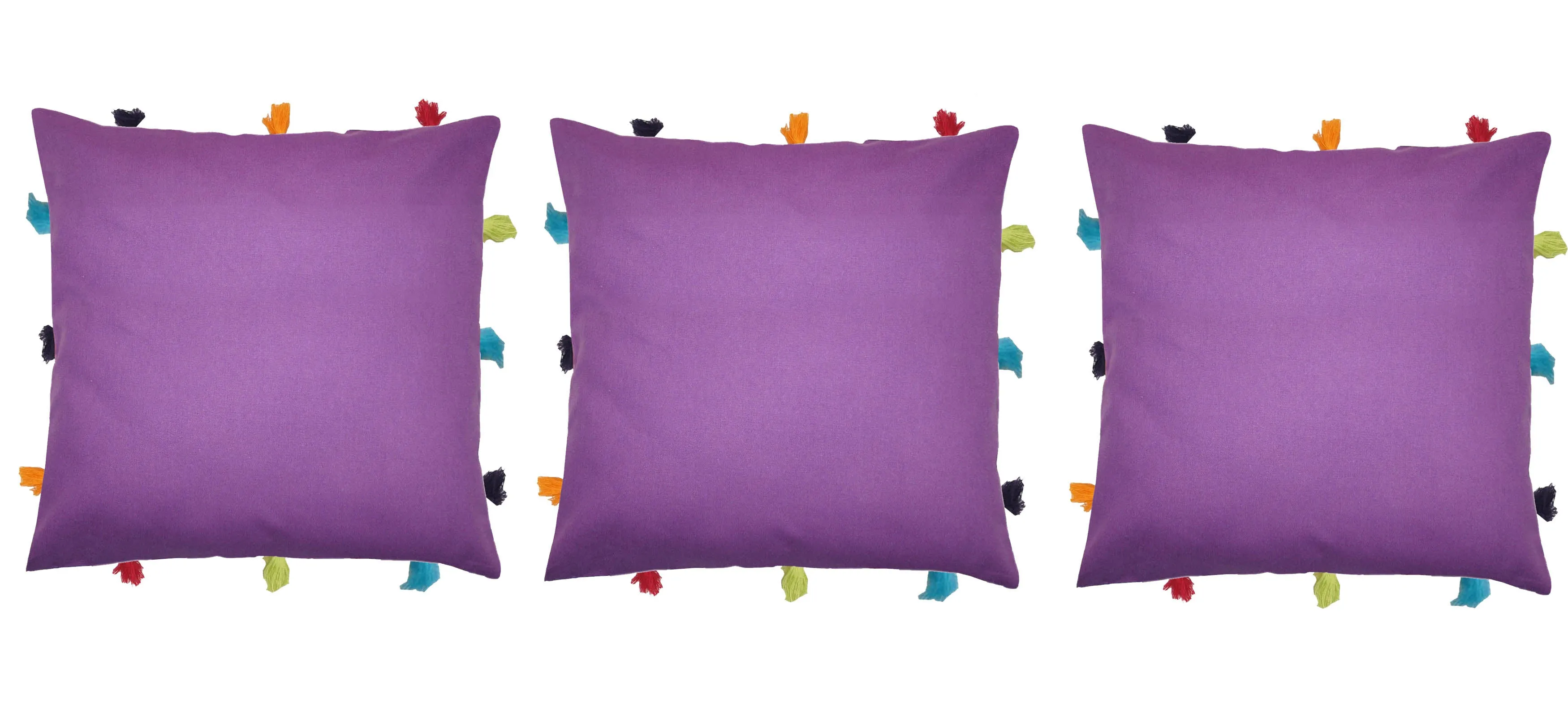 Lushomes cushion cover 12x12, boho cushion covers, sofa pillow cover, cushion covers with tassels, cushion cover with pom pom (12x12 Inches, Set of 3, Purple)