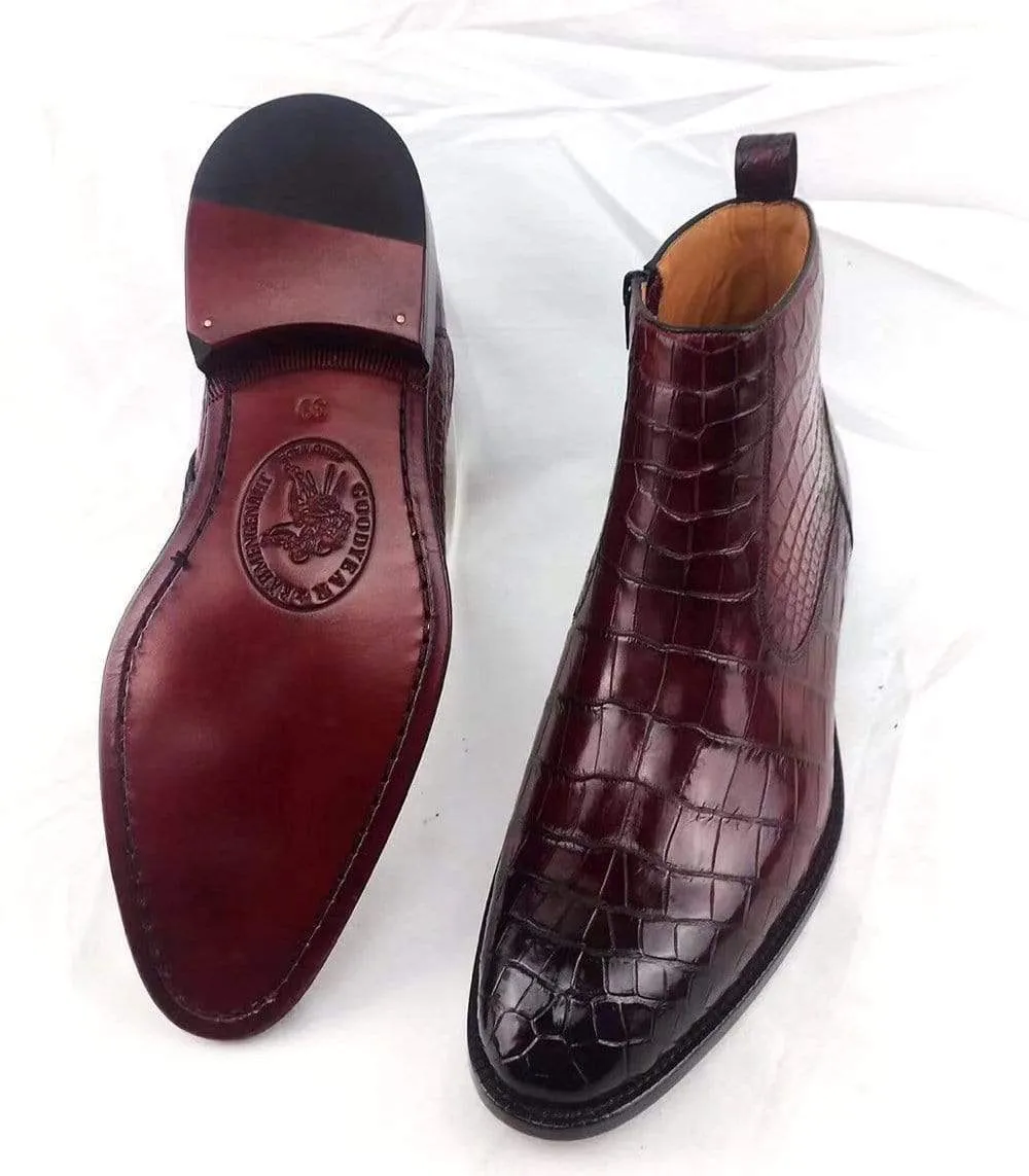 Preorder Customs Mans Handmade Lace Up Leather Ankle Boots Vintage Crocodile Belly Leather