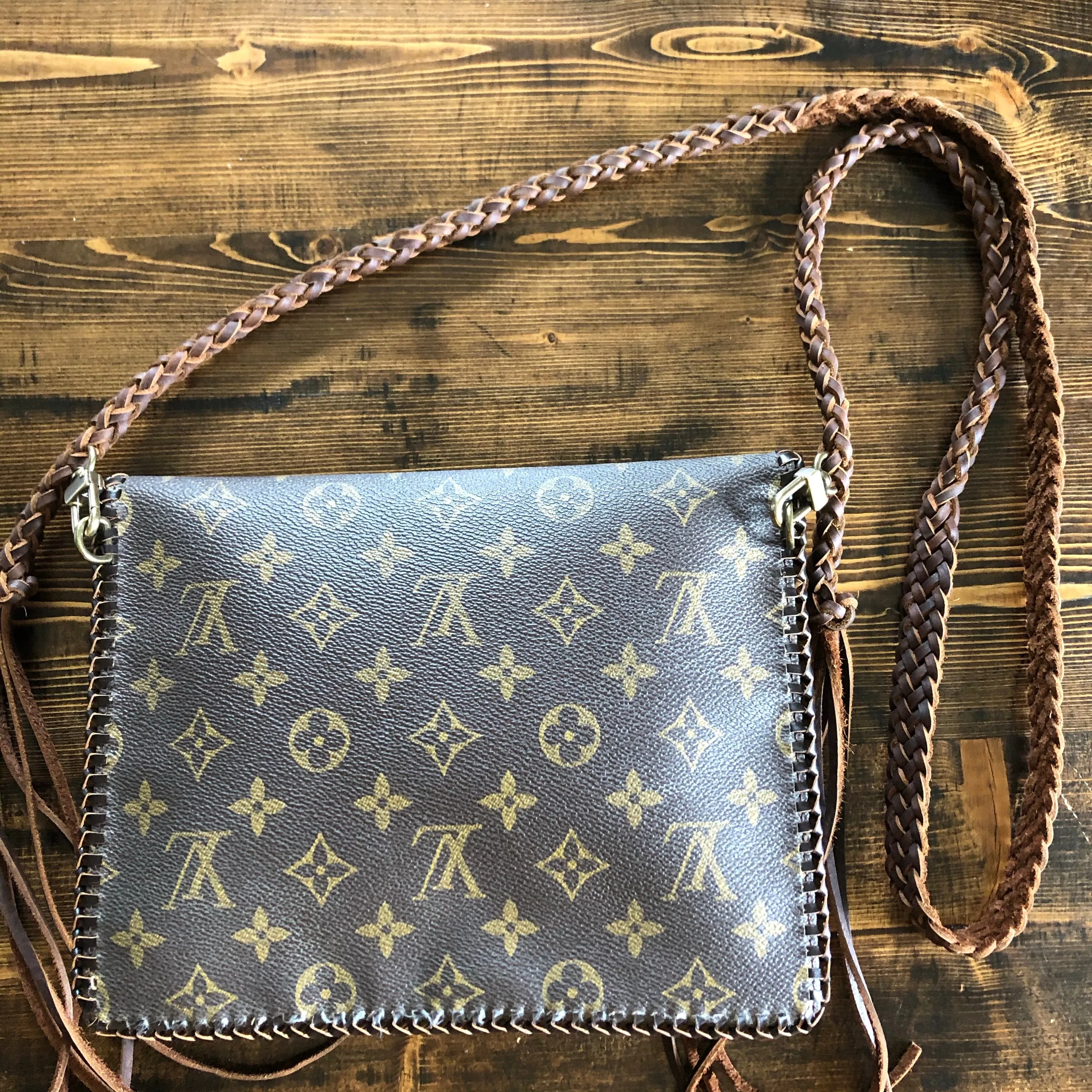 The Warbler Crossbody/Clutch in Monogram with Tooled Leather