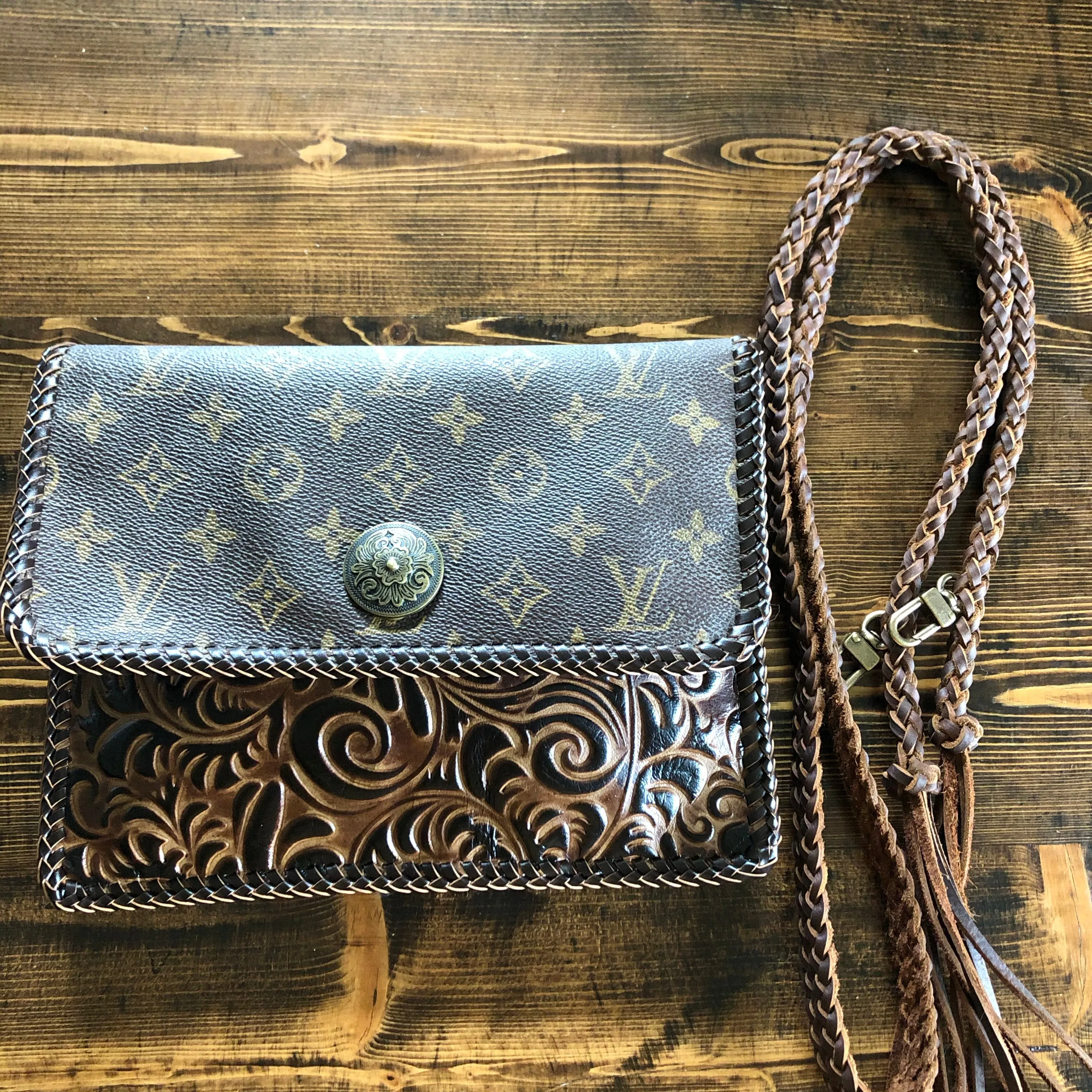 The Warbler Crossbody/Clutch in Monogram with Tooled Leather