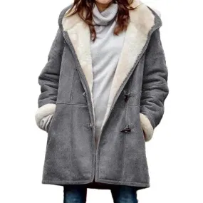 Women Fuzzy Jacket Fleece Lined Hooded Horn Buttons Medium Length Overcoat Winter Windproof Furry Outerwear Women Coat Chaquetas