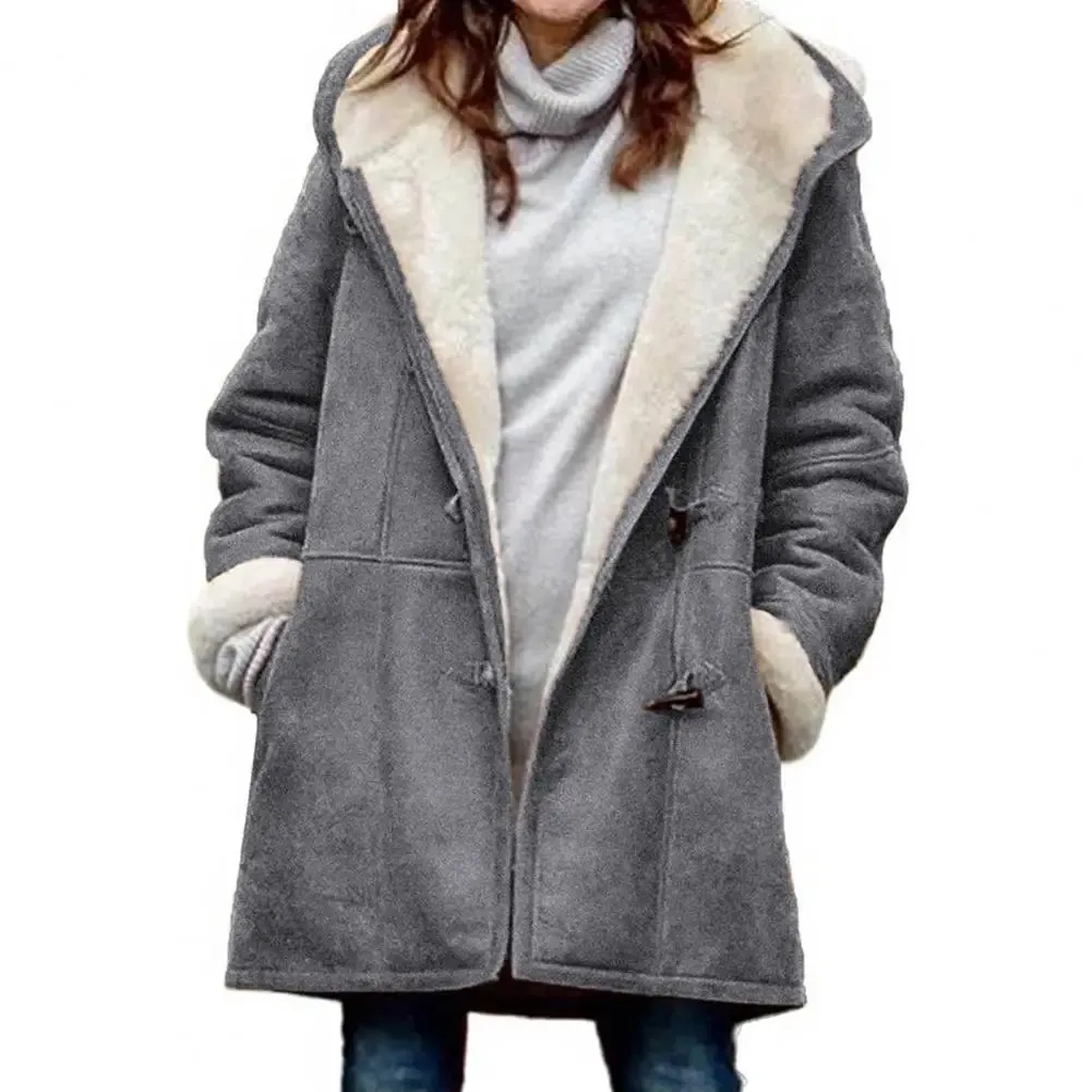 Women Fuzzy Jacket Fleece Lined Hooded Horn Buttons Medium Length Overcoat Winter Windproof Furry Outerwear Women Coat Chaquetas