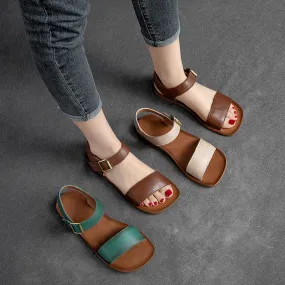 Women Summer Retro Casual Leather Buckle Flat Sandals