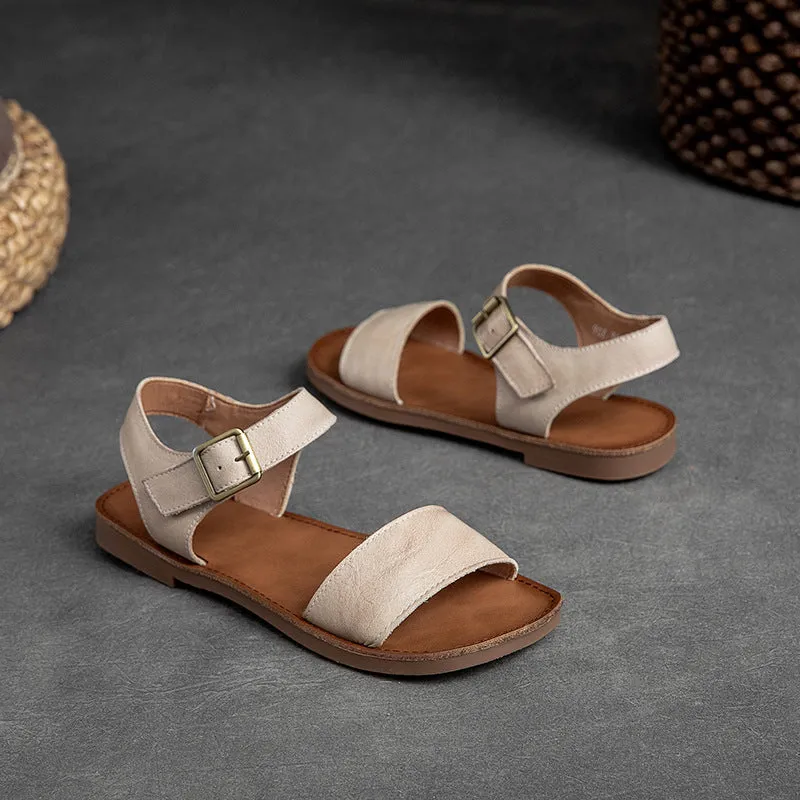 Women Summer Retro Casual Leather Buckle Flat Sandals