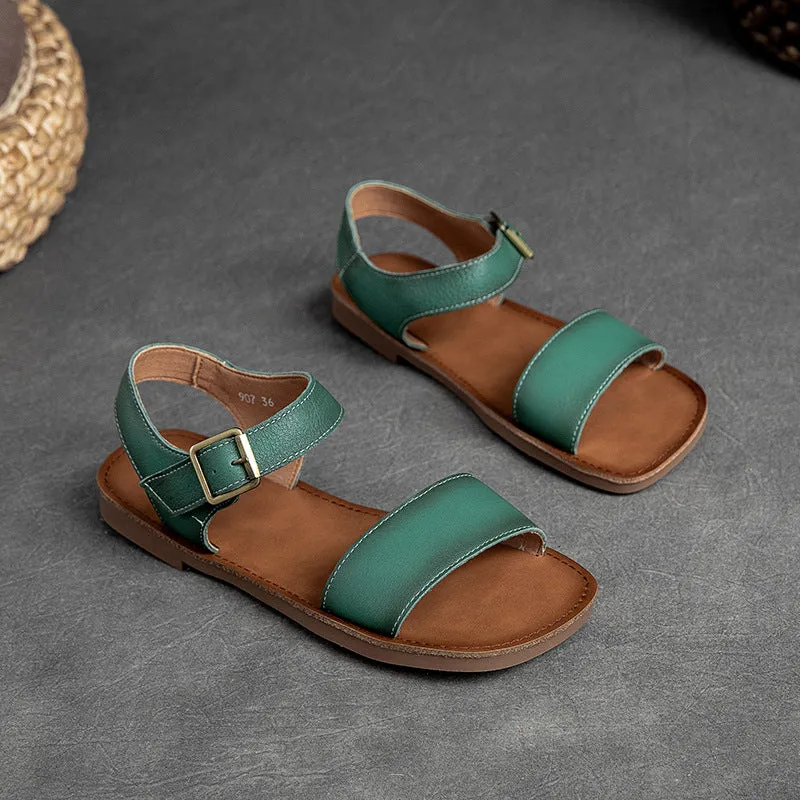 Women Summer Retro Casual Leather Buckle Flat Sandals