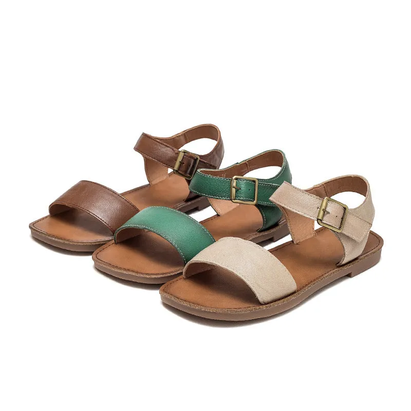 Women Summer Retro Casual Leather Buckle Flat Sandals