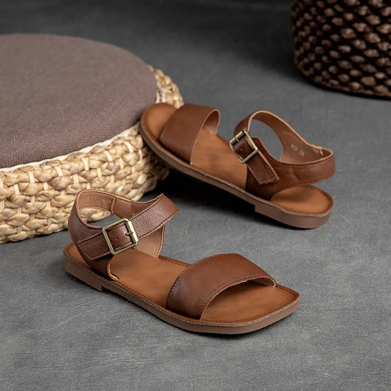 Women Summer Retro Casual Leather Buckle Flat Sandals