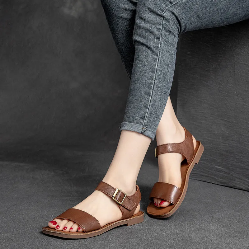 Women Summer Retro Casual Leather Buckle Flat Sandals
