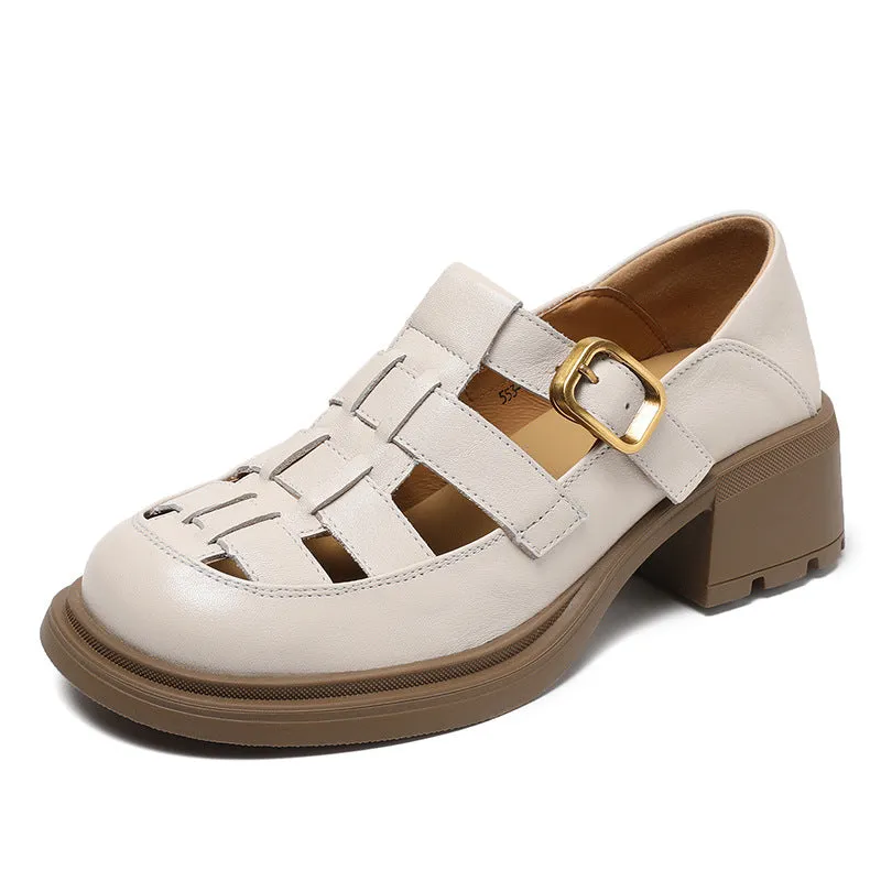 Women Summer Retro Leather Chunky Heel Sandals