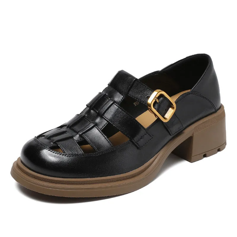 Women Summer Retro Leather Chunky Heel Sandals