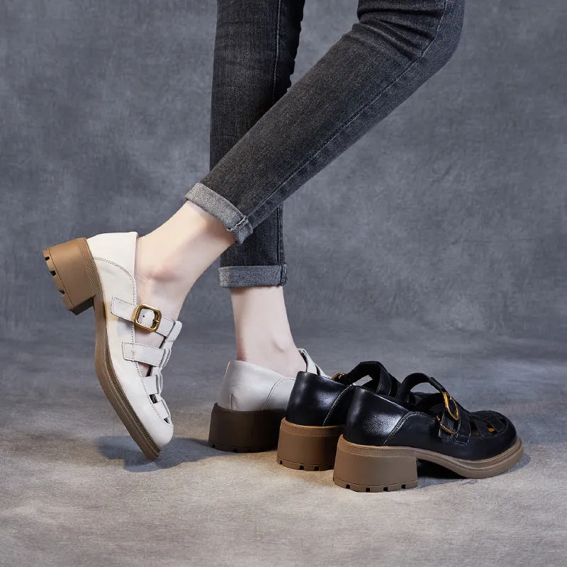 Women Summer Retro Leather Chunky Heel Sandals