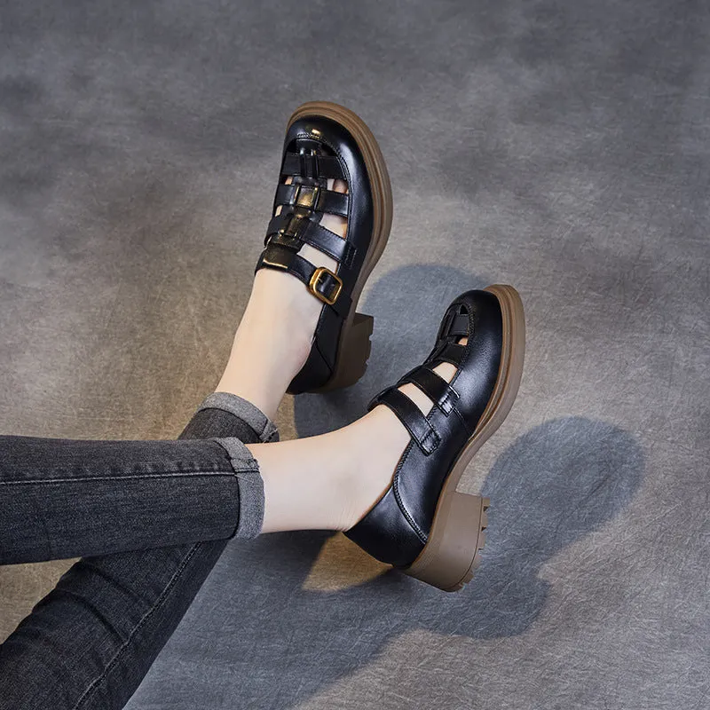 Women Summer Retro Leather Chunky Heel Sandals