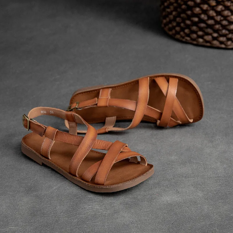Women Summer Retro Leather Flat Casual Sandals