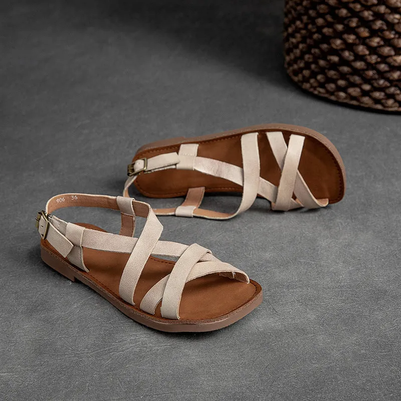 Women Summer Retro Leather Flat Casual Sandals
