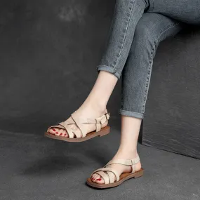 Women Summer Retro Leather Flat Casual Sandals