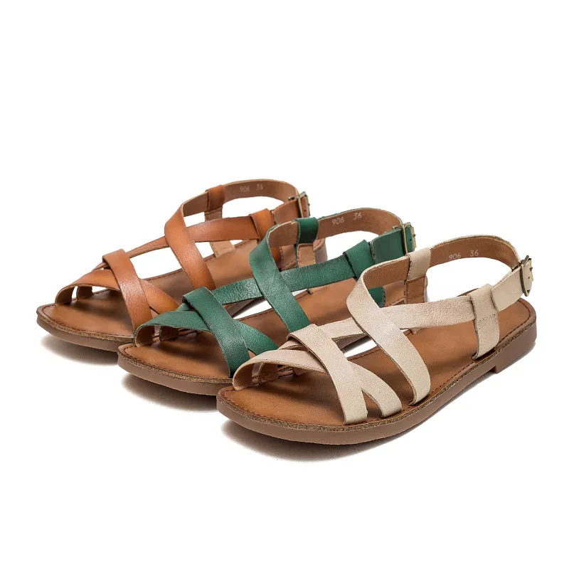 Women Summer Retro Leather Flat Casual Sandals