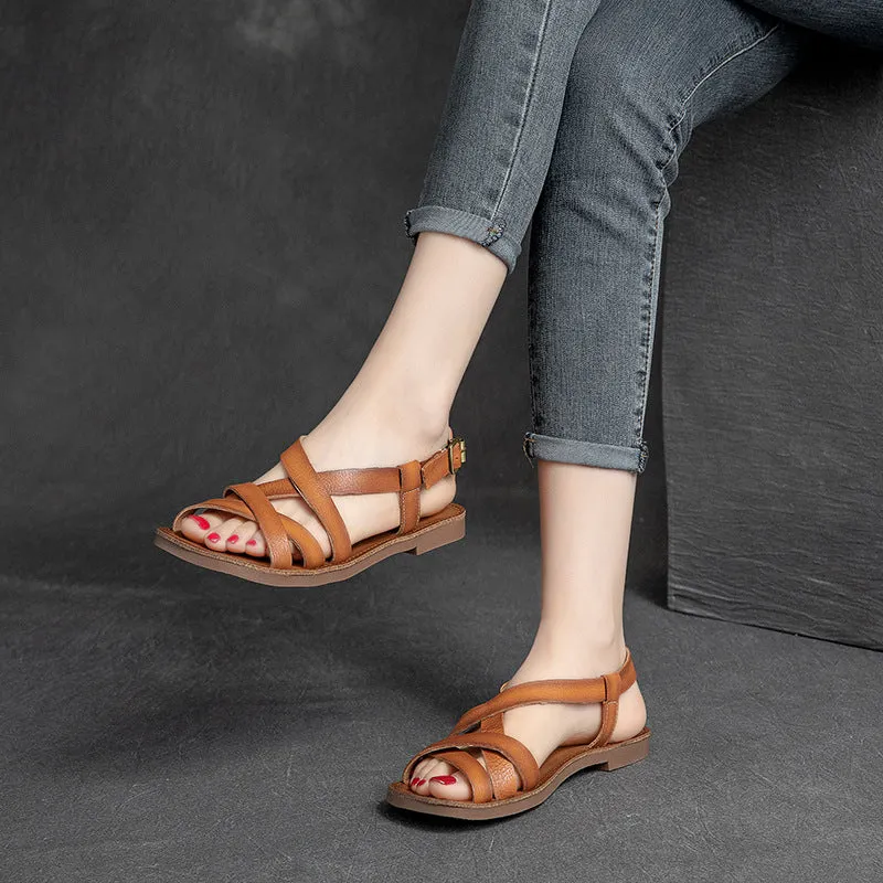 Women Summer Retro Leather Flat Casual Sandals