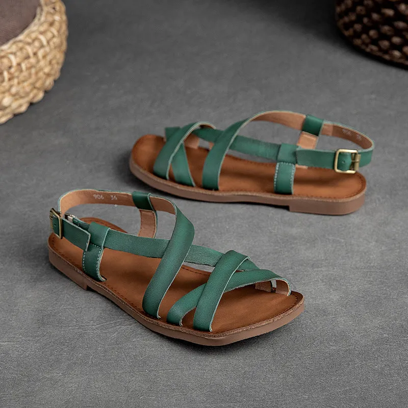 Women Summer Retro Leather Flat Casual Sandals